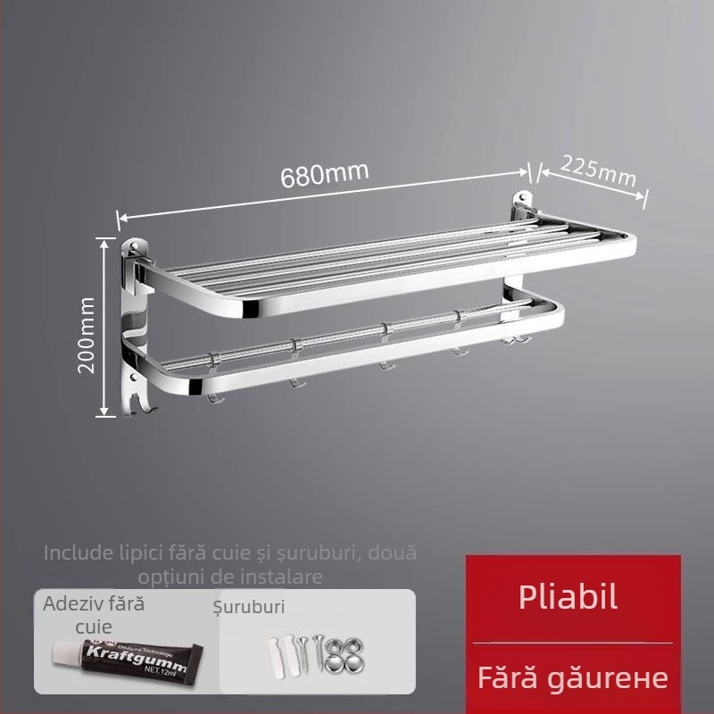 Raft pentru prosoape din oțel inoxidabil montat pe perete – organizator de baie cu un singur rând, set din două piese, certificare CE