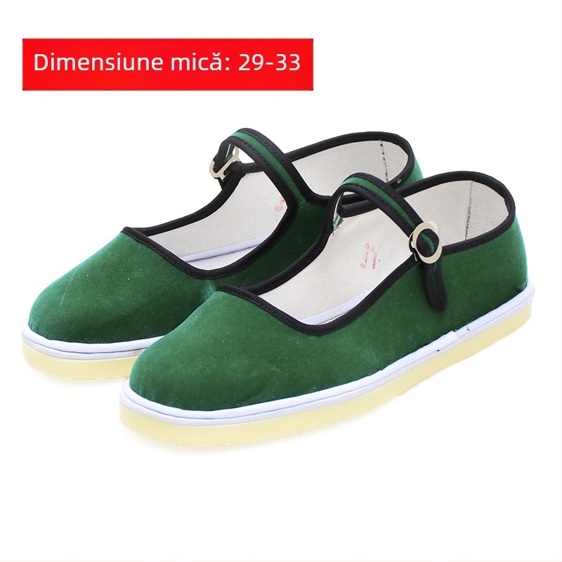 Pantofi de dans handmade pentru fete, partea superioară din velur, talpă din tendonuri de vită, culoare uni, stil național, pentru vârste între 7 și 16 ani