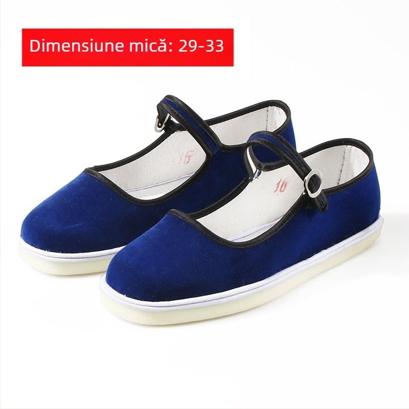 Pantofi de dans handmade pentru fete, partea superioară din velur, talpă din tendonuri de vită, culoare uni, stil național, pentru vârste între 7 și 16 ani