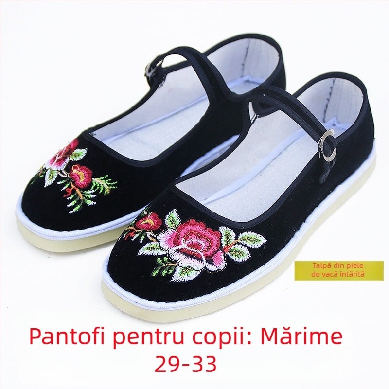 Pantofi de dans handmade pentru fete, partea superioară din velur, talpă din tendonuri de vită, culoare uni, stil național, pentru vârste între 7 și 16 ani