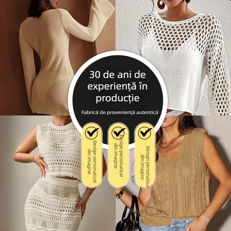 Vesta tricotată fără mâneci, cu model carouri – poliester, guler rotund, lungime regulată, stil retro