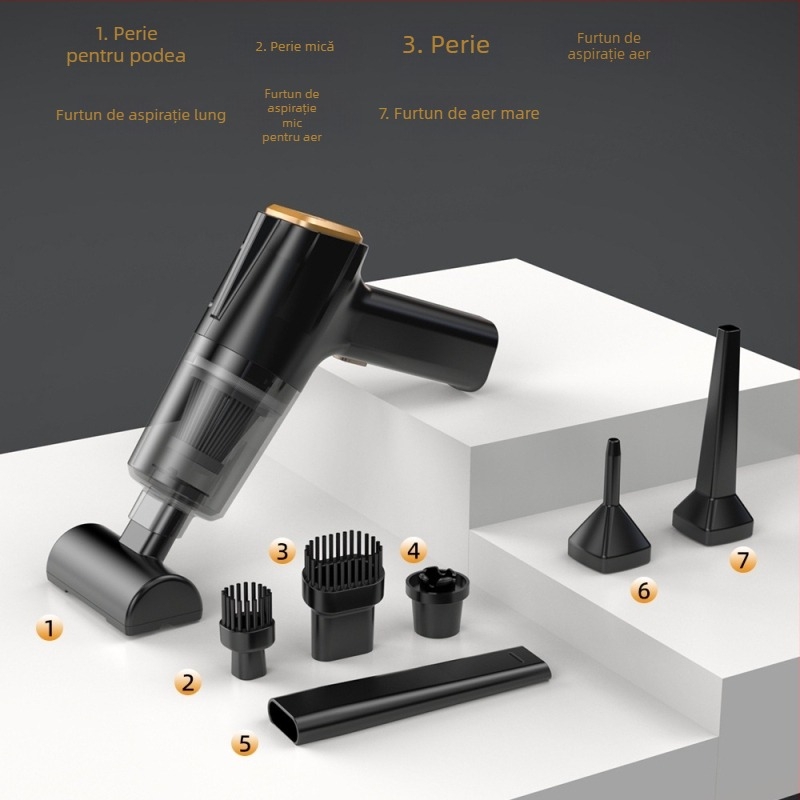 Aspirator de mână pentru mașină, fără fir, cu aspirație de 11000 Pa, 7,4 V, 120 W, model 3101, funcție de umflare și iluminare LED.