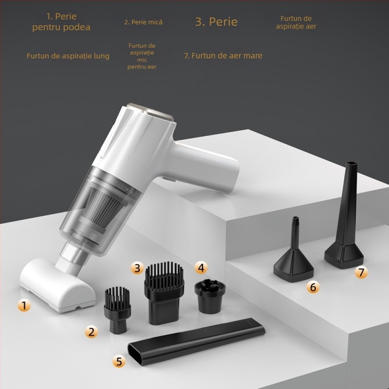 Aspirator de mână pentru mașină, fără fir, cu aspirație de 11000 Pa, 7,4 V, 120 W, model 3101, funcție de umflare și iluminare LED.