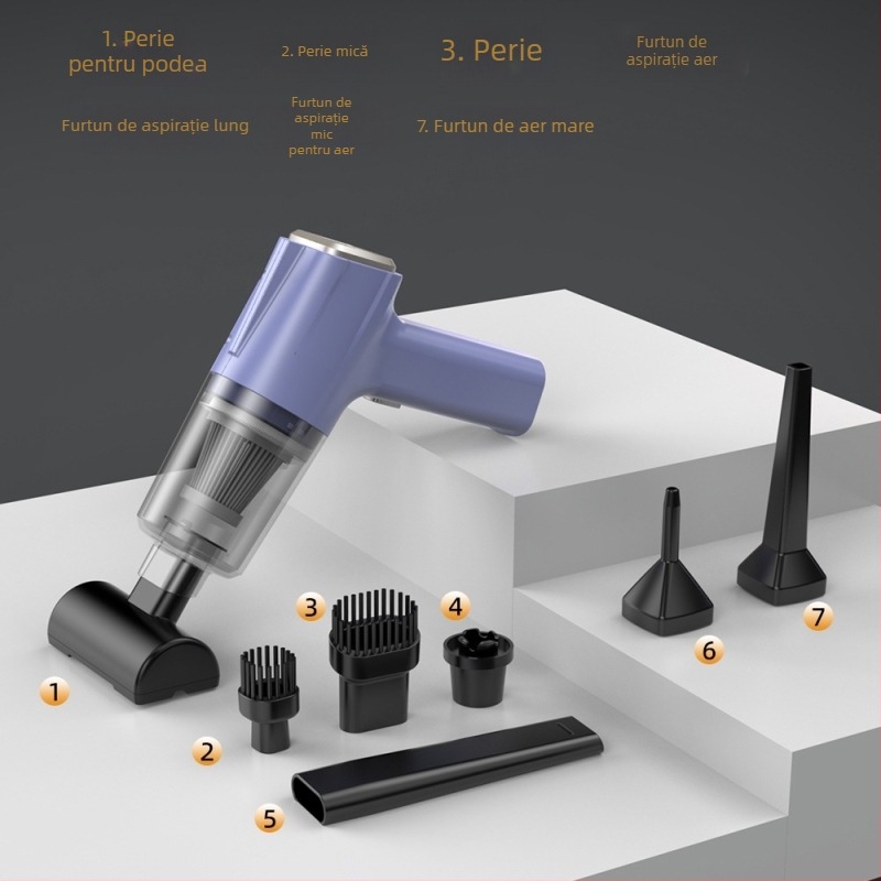 Aspirator de mână pentru mașină, fără fir, cu aspirație de 11000 Pa, 7,4 V, 120 W, model 3101, funcție de umflare și iluminare LED.