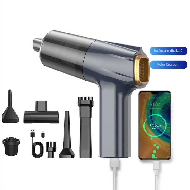 Aspirator de mână pentru mașină, fără fir, cu aspirație de 11000 Pa, 7,4 V, 120 W, model 3101, funcție de umflare și iluminare LED.