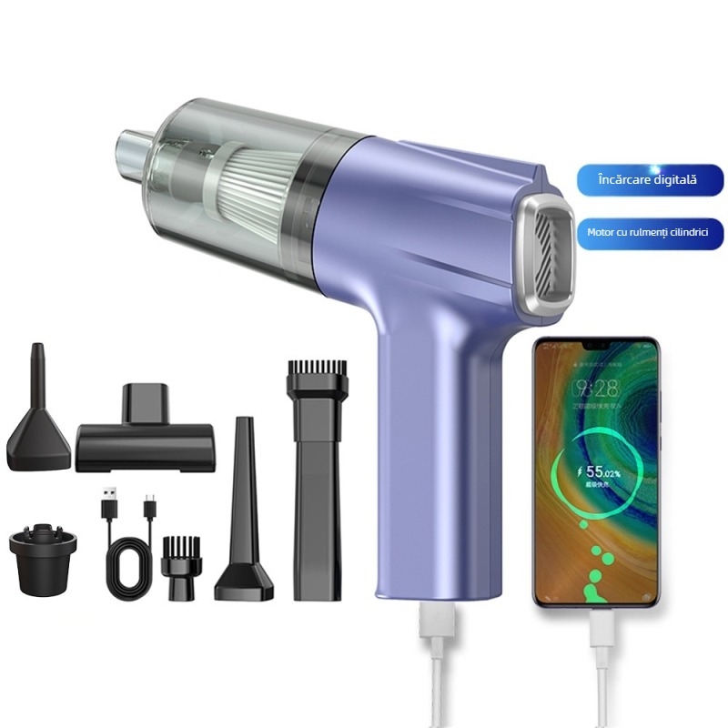 Aspirator de mână pentru mașină, fără fir, cu aspirație de 11000 Pa, 7,4 V, 120 W, model 3101, funcție de umflare și iluminare LED.