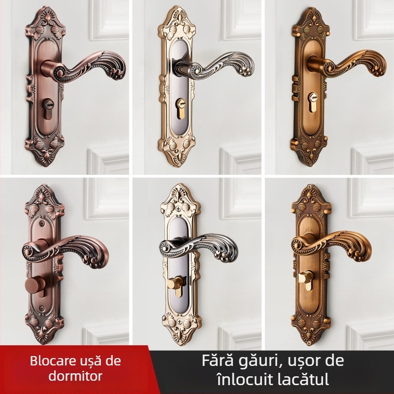 Mâner de ușă cu încuietoare pentru uși interioare din lemn, stil european, aliaj de zinc, model T222, design modern minimalist