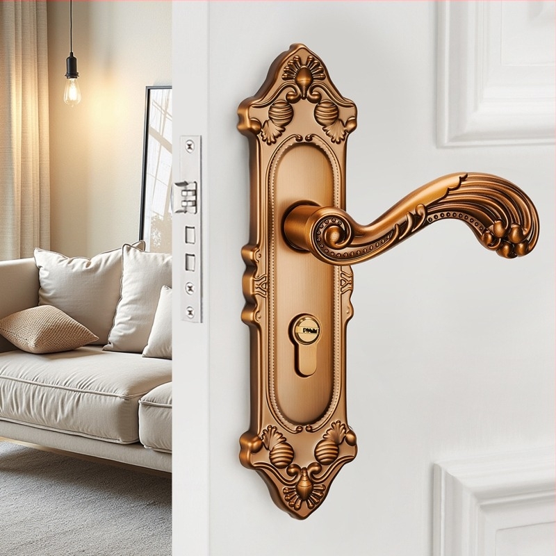 Mâner de ușă cu încuietoare pentru uși interioare din lemn, stil european, aliaj de zinc, model T222, design modern minimalist