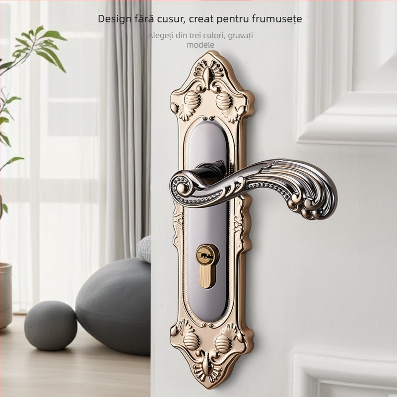 Mâner de ușă cu încuietoare pentru uși interioare din lemn, stil european, aliaj de zinc, model T222, design modern minimalist