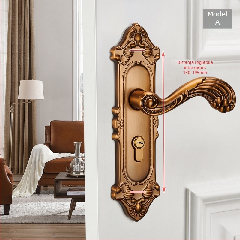 Mâner de ușă cu încuietoare pentru uși interioare din lemn, stil european, aliaj de zinc, model T222, design modern minimalist