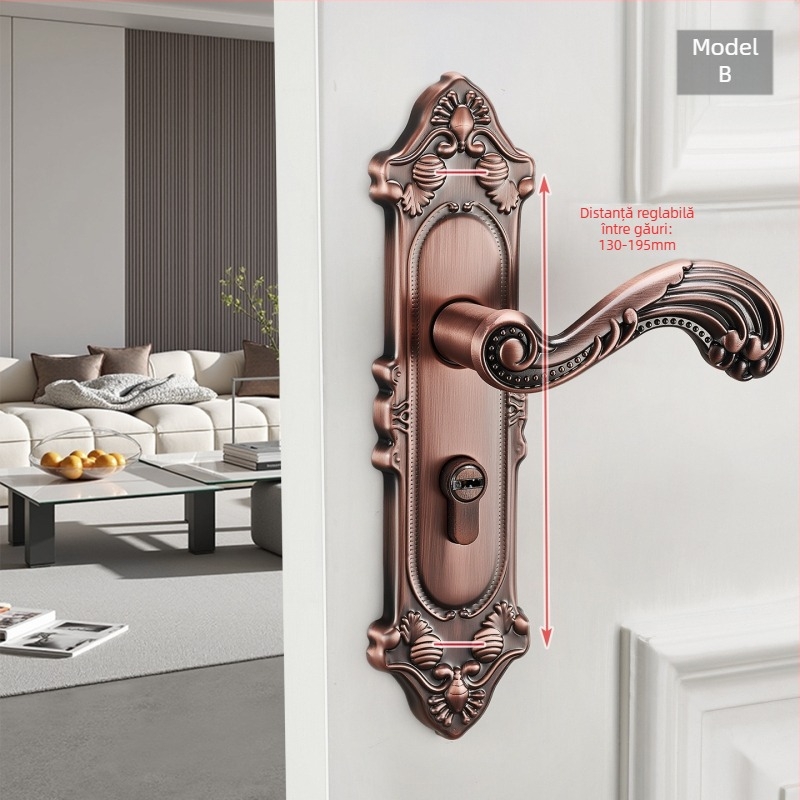 Mâner de ușă cu încuietoare pentru uși interioare din lemn, stil european, aliaj de zinc, model T222, design modern minimalist