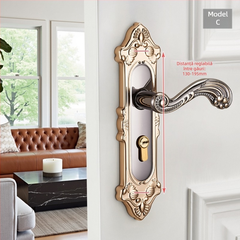 Mâner de ușă cu încuietoare pentru uși interioare din lemn, stil european, aliaj de zinc, model T222, design modern minimalist