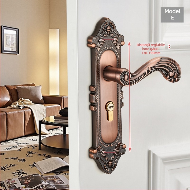 Mâner de ușă cu încuietoare pentru uși interioare din lemn, stil european, aliaj de zinc, model T222, design modern minimalist