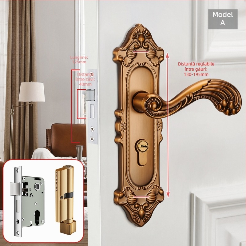 Mâner de ușă cu încuietoare pentru uși interioare din lemn, stil european, aliaj de zinc, model T222, design modern minimalist