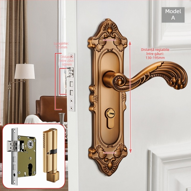 Mâner de ușă cu încuietoare pentru uși interioare din lemn, stil european, aliaj de zinc, model T222, design modern minimalist