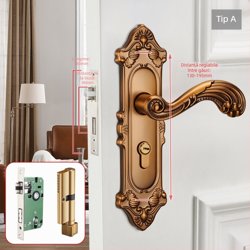 Mâner de ușă cu încuietoare pentru uși interioare din lemn, stil european, aliaj de zinc, model T222, design modern minimalist