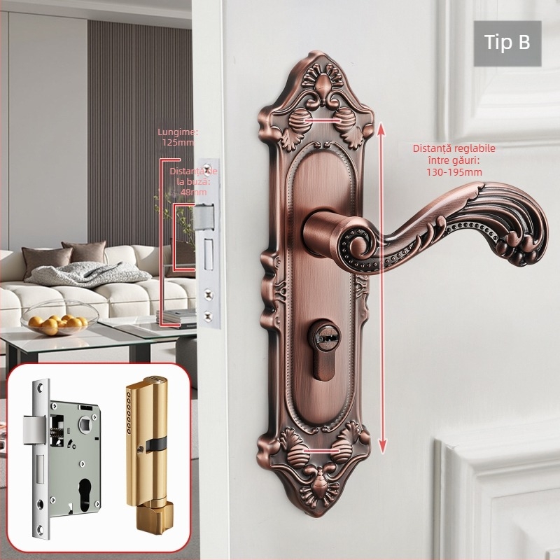 Mâner de ușă cu încuietoare pentru uși interioare din lemn, stil european, aliaj de zinc, model T222, design modern minimalist