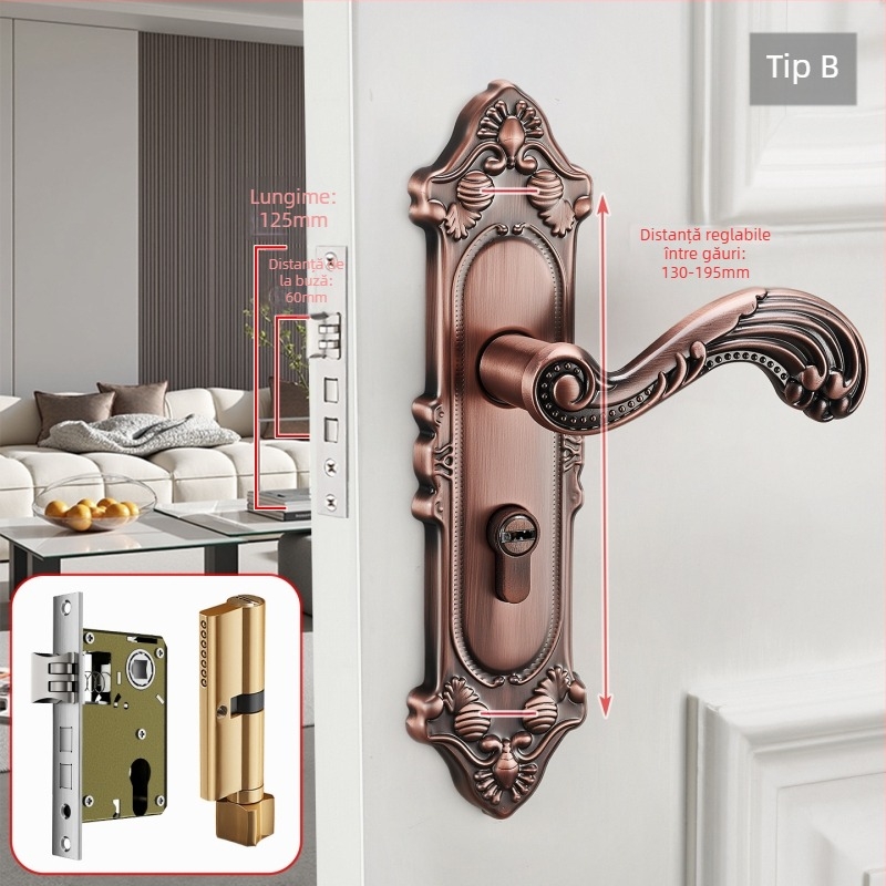 Mâner de ușă cu încuietoare pentru uși interioare din lemn, stil european, aliaj de zinc, model T222, design modern minimalist