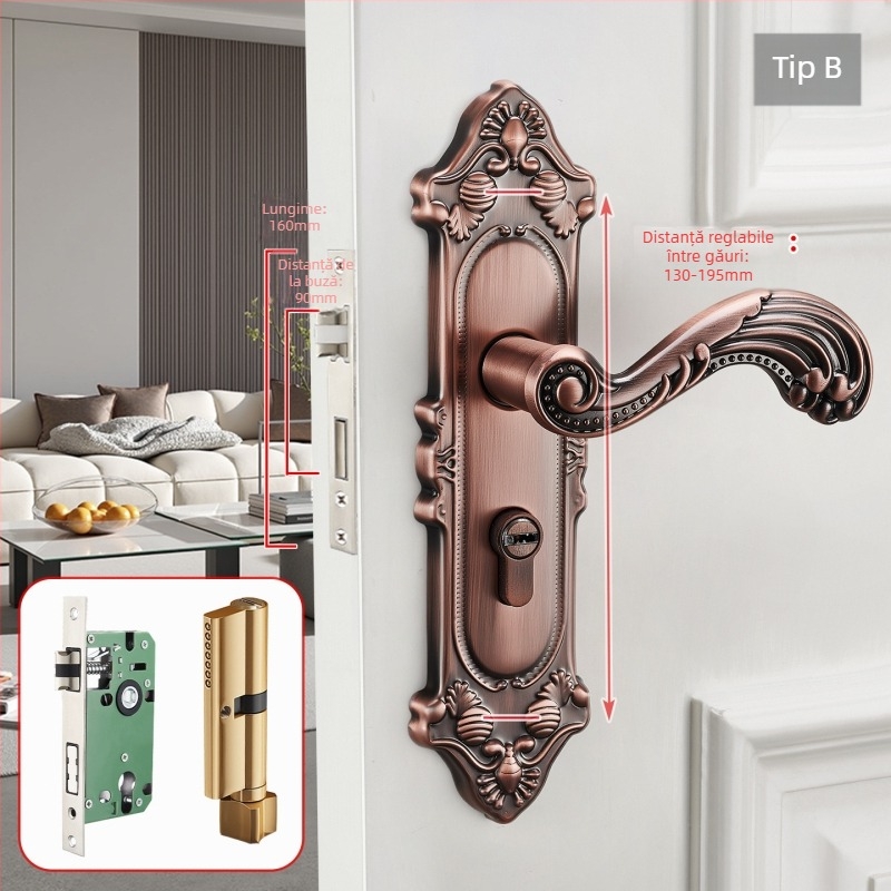 Mâner de ușă cu încuietoare pentru uși interioare din lemn, stil european, aliaj de zinc, model T222, design modern minimalist