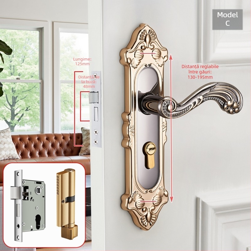 Mâner de ușă cu încuietoare pentru uși interioare din lemn, stil european, aliaj de zinc, model T222, design modern minimalist