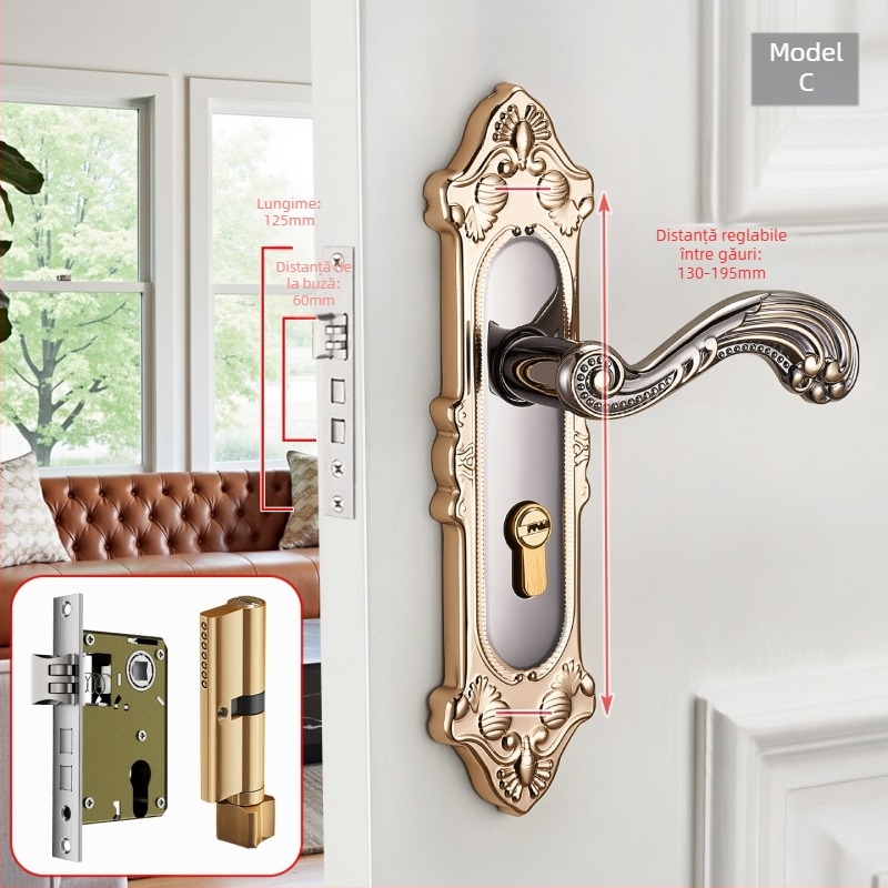 Mâner de ușă cu încuietoare pentru uși interioare din lemn, stil european, aliaj de zinc, model T222, design modern minimalist