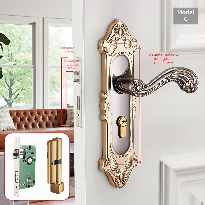 Mâner de ușă cu încuietoare pentru uși interioare din lemn, stil european, aliaj de zinc, model T222, design modern minimalist