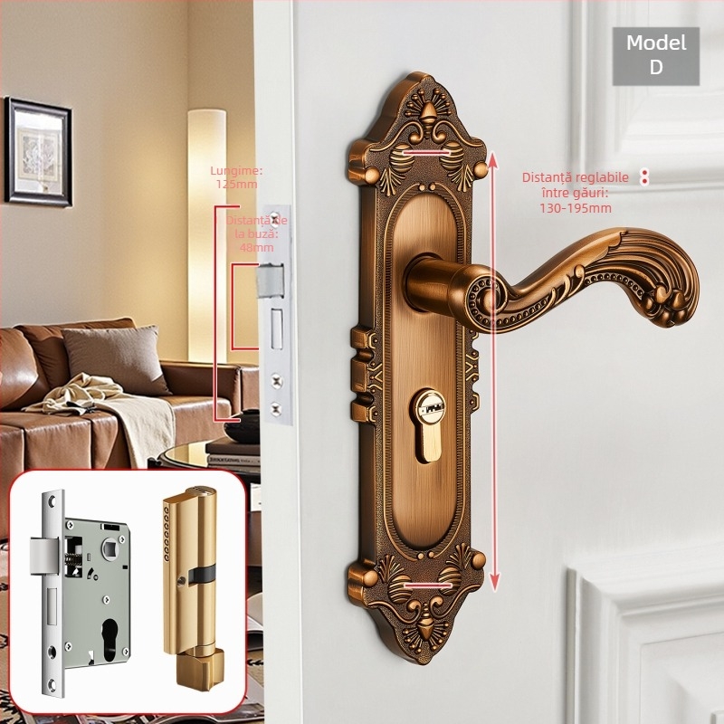 Mâner de ușă cu încuietoare pentru uși interioare din lemn, stil european, aliaj de zinc, model T222, design modern minimalist