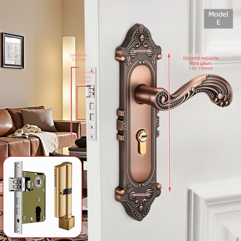 Mâner de ușă cu încuietoare pentru uși interioare din lemn, stil european, aliaj de zinc, model T222, design modern minimalist