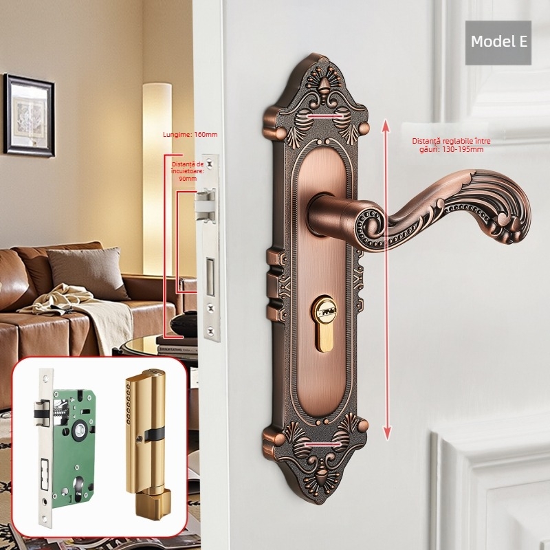 Mâner de ușă cu încuietoare pentru uși interioare din lemn, stil european, aliaj de zinc, model T222, design modern minimalist