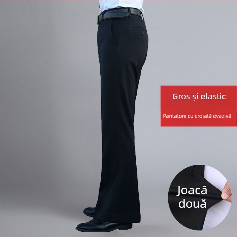 Pantaloni bărbați drept casual, talie înaltă, croială lejeră, micro-elasticitate, țesătură din bambus și mătase