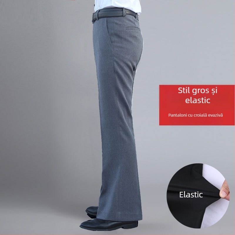 Pantaloni bărbați drept casual, talie înaltă, croială lejeră, micro-elasticitate, țesătură din bambus și mătase