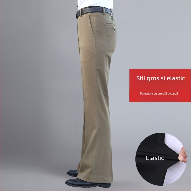 Pantaloni bărbați drept casual, talie înaltă, croială lejeră, micro-elasticitate, țesătură din bambus și mătase