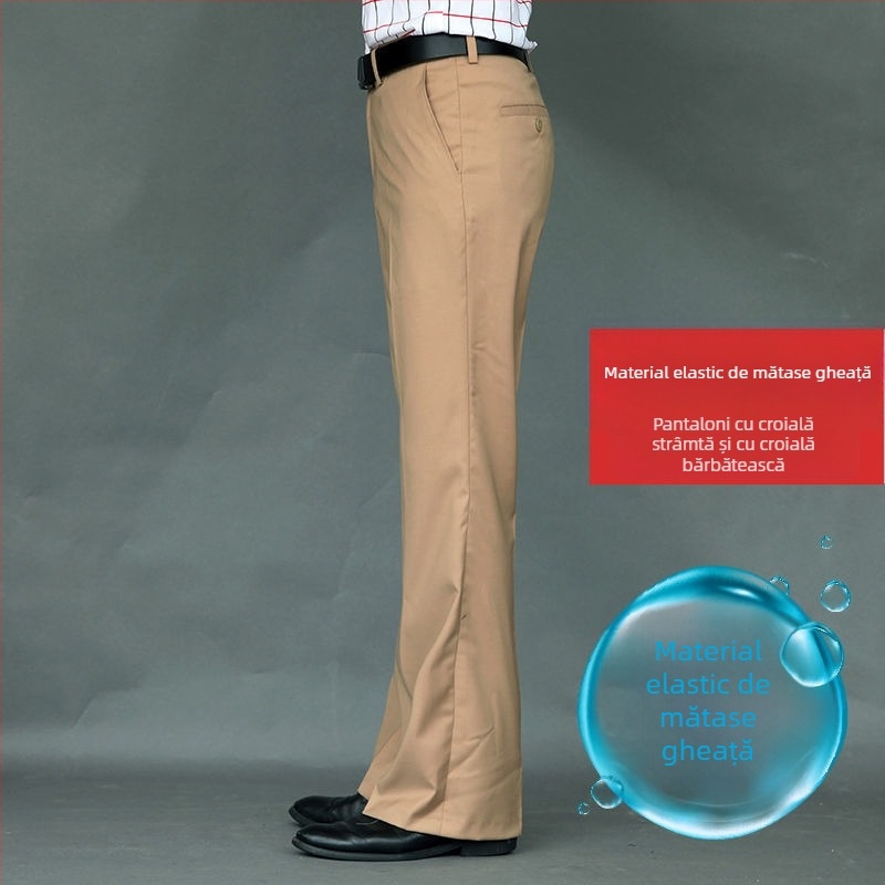 Pantaloni bărbați drept casual, talie înaltă, croială lejeră, micro-elasticitate, țesătură din bambus și mătase