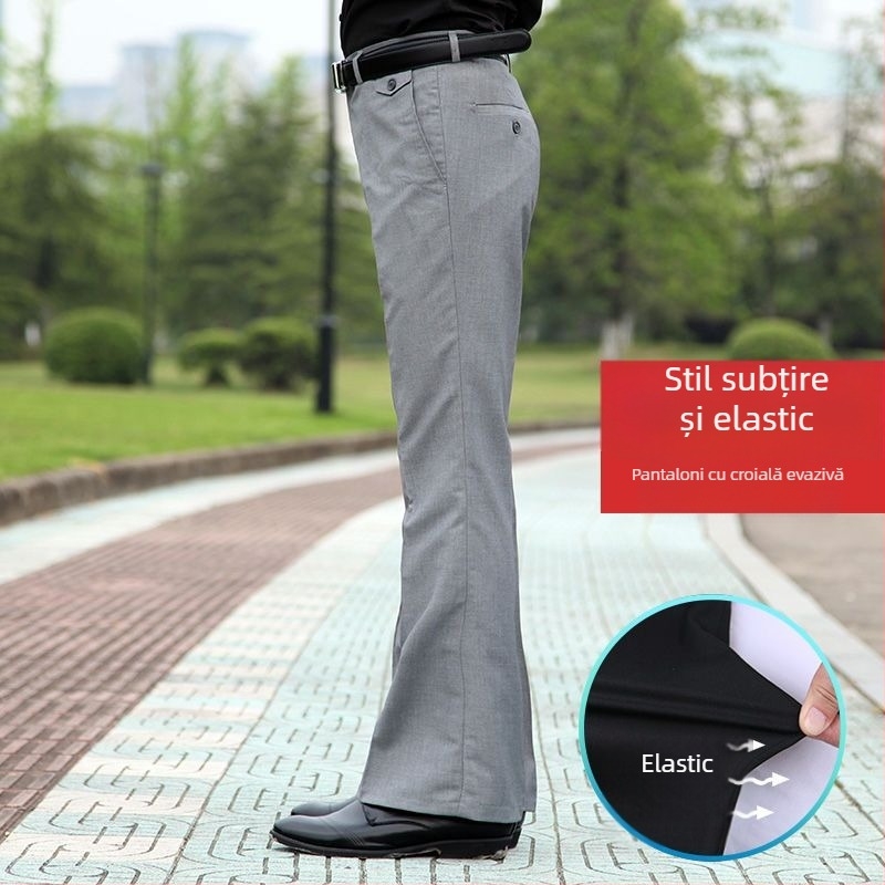 Pantaloni bărbați drept casual, talie înaltă, croială lejeră, micro-elasticitate, țesătură din bambus și mătase