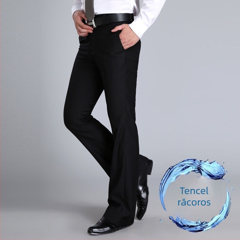 Pantaloni bărbați drept casual, talie înaltă, croială lejeră, micro-elasticitate, țesătură din bambus și mătase