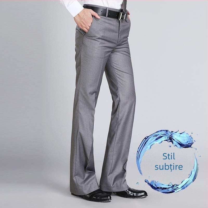 Pantaloni bărbați drept casual, talie înaltă, croială lejeră, micro-elasticitate, țesătură din bambus și mătase