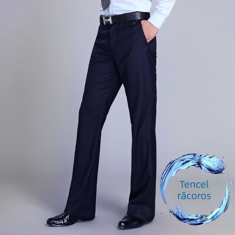 Pantaloni bărbați drept casual, talie înaltă, croială lejeră, micro-elasticitate, țesătură din bambus și mătase