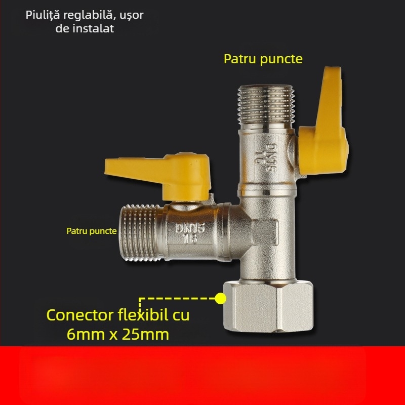 Robinet cu bilă din cupru, cu unire tip Tee, filet, 25 mm conductă principală, 20 mm ramificație, 100°C