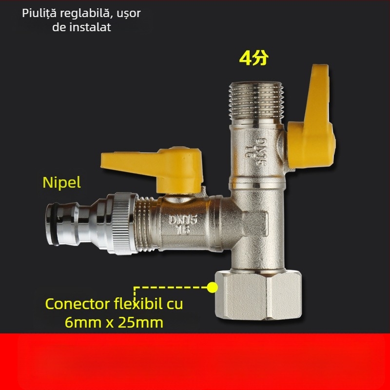 Robinet cu bilă din cupru, cu unire tip Tee, filet, 25 mm conductă principală, 20 mm ramificație, 100°C