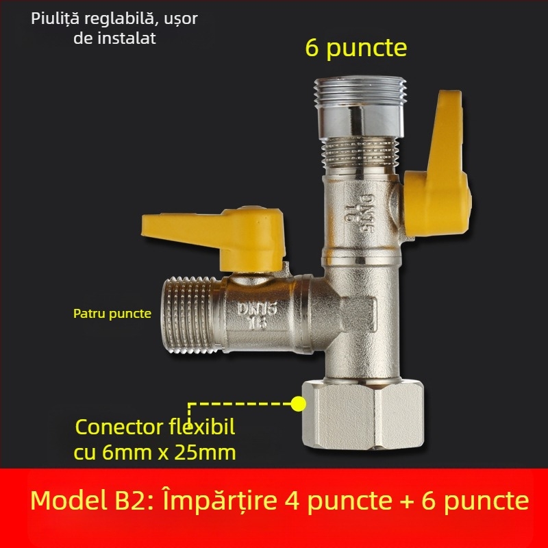 Robinet cu bilă din cupru, cu unire tip Tee, filet, 25 mm conductă principală, 20 mm ramificație, 100°C