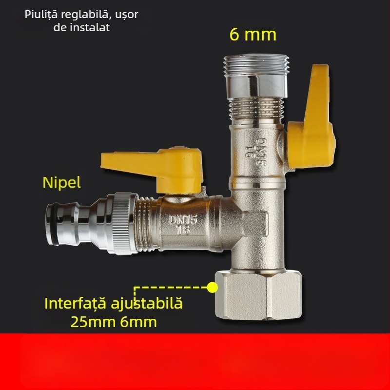 Robinet cu bilă din cupru, cu unire tip Tee, filet, 25 mm conductă principală, 20 mm ramificație, 100°C