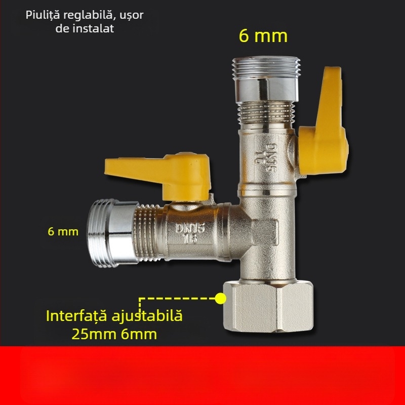 Robinet cu bilă din cupru, cu unire tip Tee, filet, 25 mm conductă principală, 20 mm ramificație, 100°C