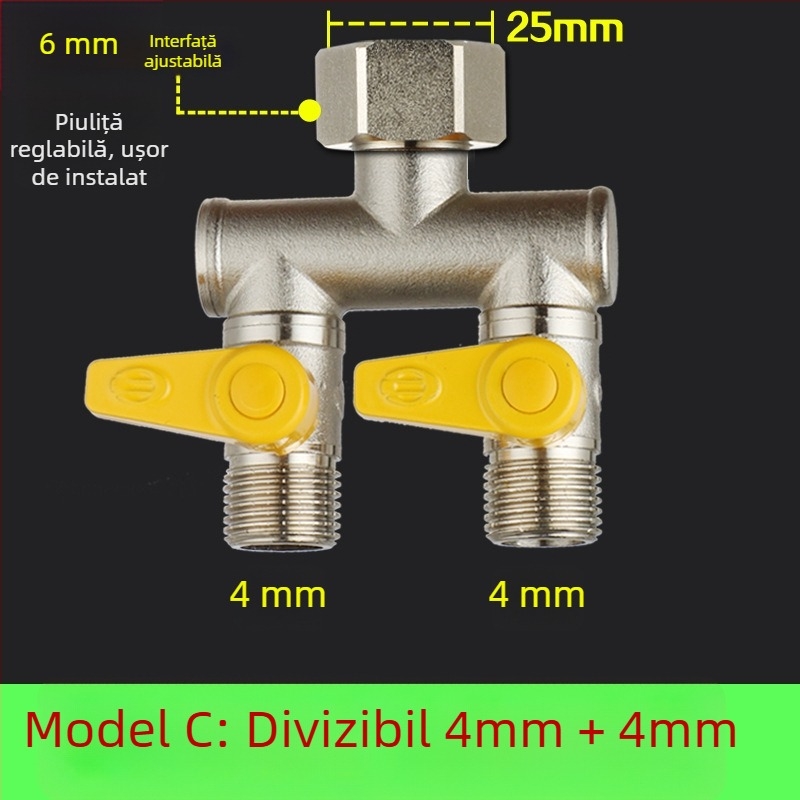 Robinet cu bilă din cupru, cu unire tip Tee, filet, 25 mm conductă principală, 20 mm ramificație, 100°C