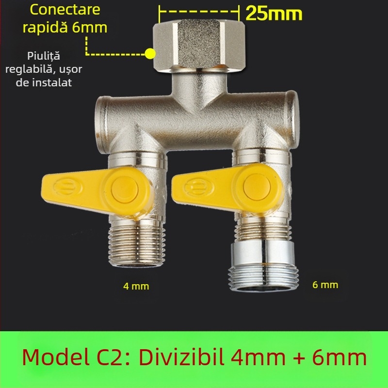 Robinet cu bilă din cupru, cu unire tip Tee, filet, 25 mm conductă principală, 20 mm ramificație, 100°C