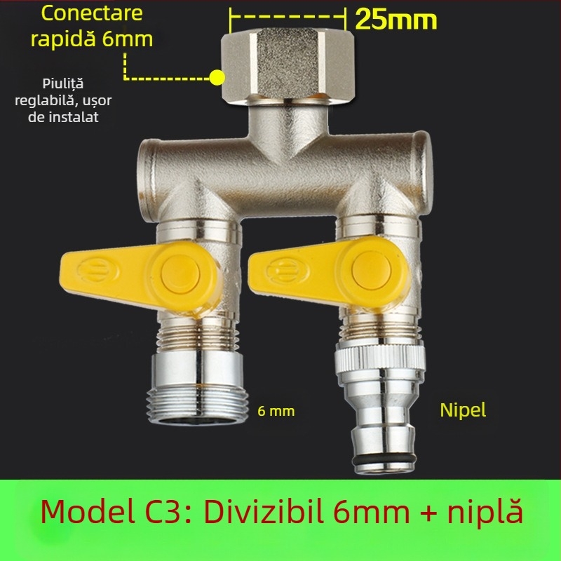 Robinet cu bilă din cupru, cu unire tip Tee, filet, 25 mm conductă principală, 20 mm ramificație, 100°C