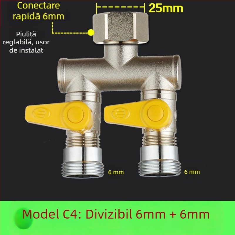 Robinet cu bilă din cupru, cu unire tip Tee, filet, 25 mm conductă principală, 20 mm ramificație, 100°C