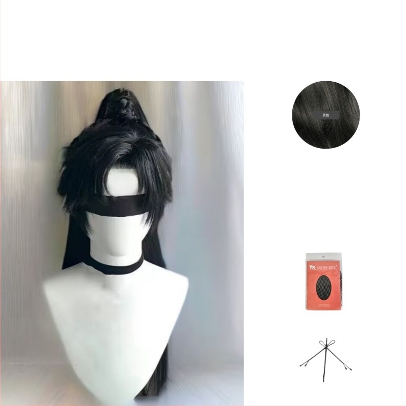 Perucă Hanfu pentru bărbați – stil antic, păr lung, coadă înaltă, acoperire completă a capului, fibre sintetice rezistente la căldură