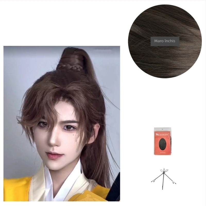 Perucă Hanfu pentru bărbați – stil antic, păr lung, coadă înaltă, acoperire completă a capului, fibre sintetice rezistente la căldură