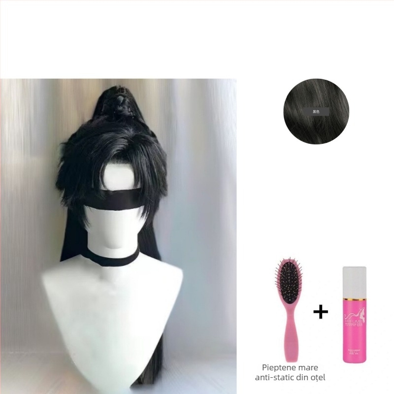 Perucă Hanfu pentru bărbați – stil antic, păr lung, coadă înaltă, acoperire completă a capului, fibre sintetice rezistente la căldură