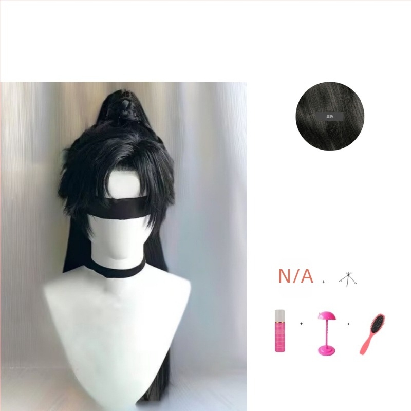 Perucă Hanfu pentru bărbați – stil antic, păr lung, coadă înaltă, acoperire completă a capului, fibre sintetice rezistente la căldură